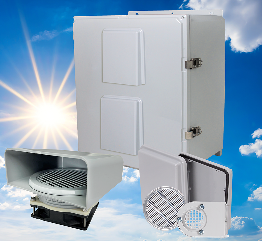 photo of an electtical closure with fans and ventilation system components with a sunny sky background